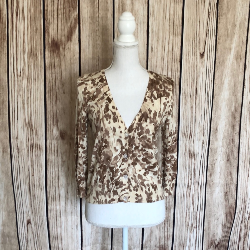 Talbots Knit lightweight Cardigan Warm Brown/Tan/CreamBrown Floral Pattern